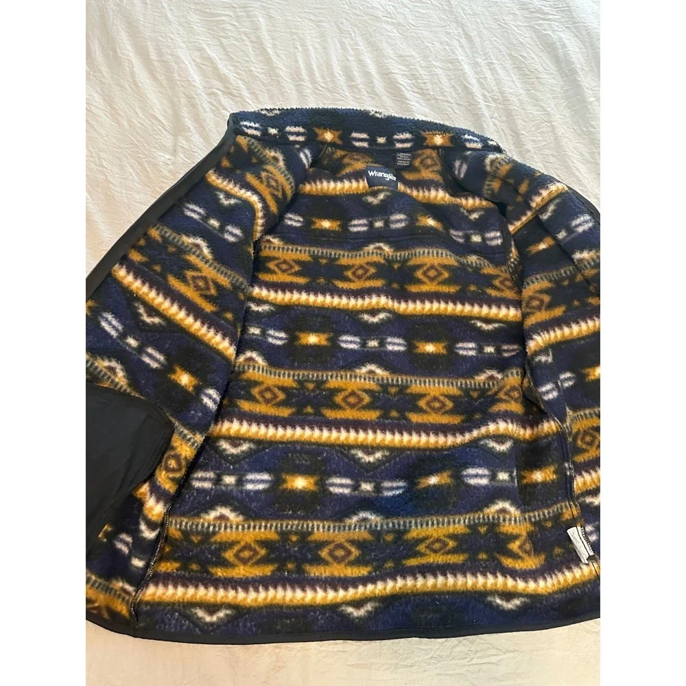 Wrangler Mens Southwestern Aztec Fleece Jacket Navy Orange Large